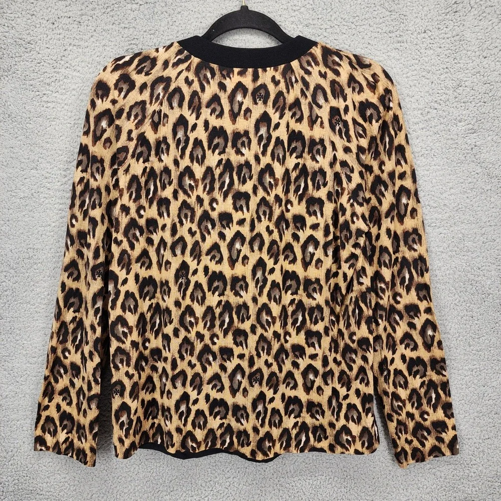 Tory Burch Leopard Print Silk Wool Embellished Tie Neck Top Black Brown Large